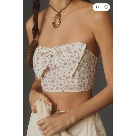 NEW Anthropologie Pink Floral Bow Cropped Bustier Strapless Tube Top Medium - Picture 5 of 5
